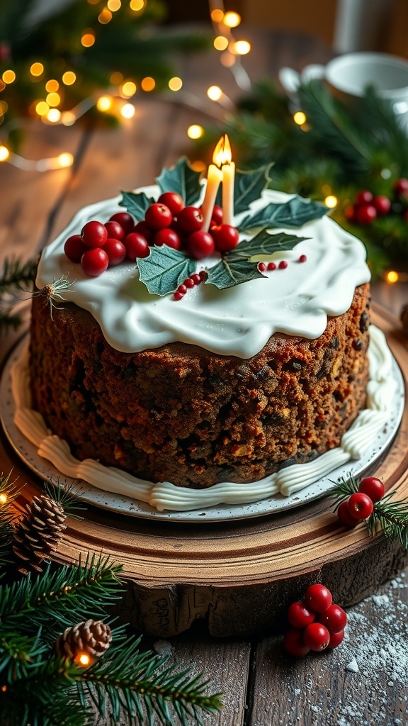 A traditional Christmas fruit cake decorated with icing and holly, on a wooden table with festive decorations.